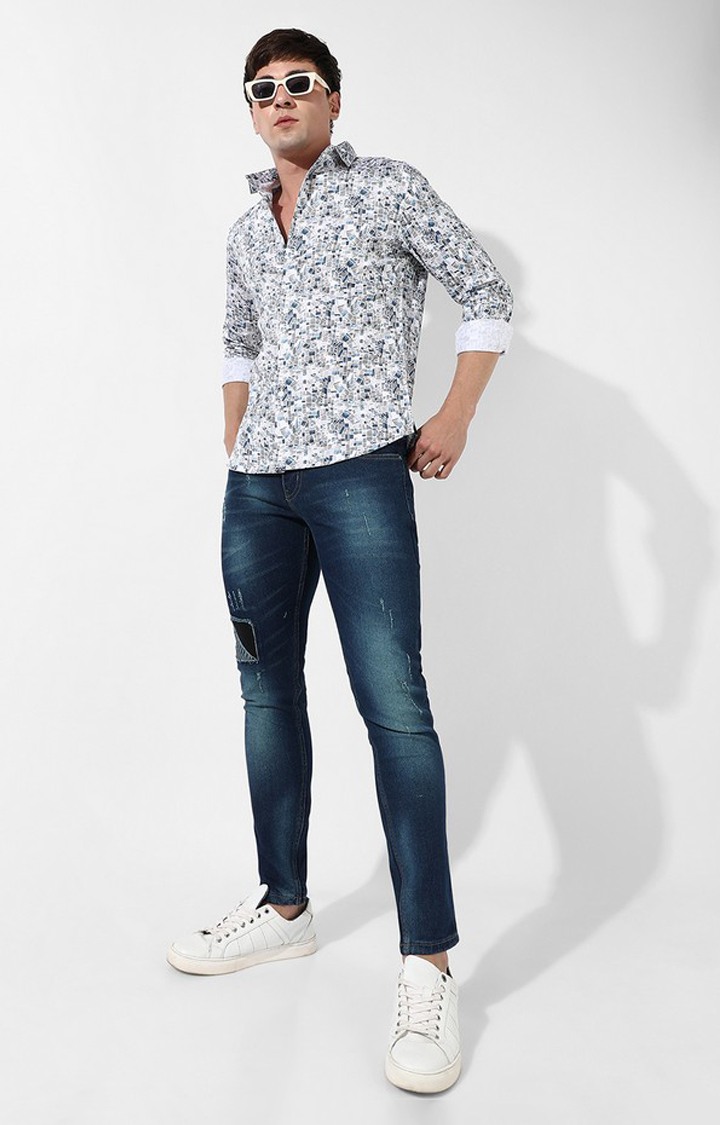 Men's Grey and Blue Cotton Printed Casual Shirt