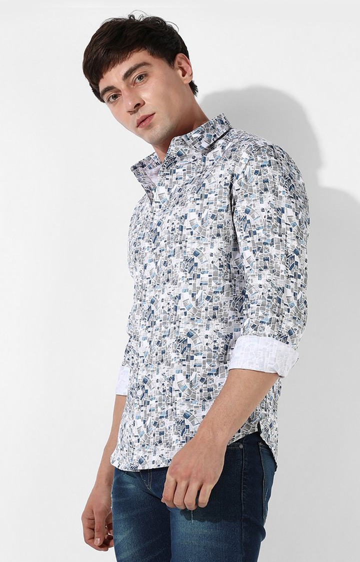 Men's Grey and Blue Cotton Printed Casual Shirt