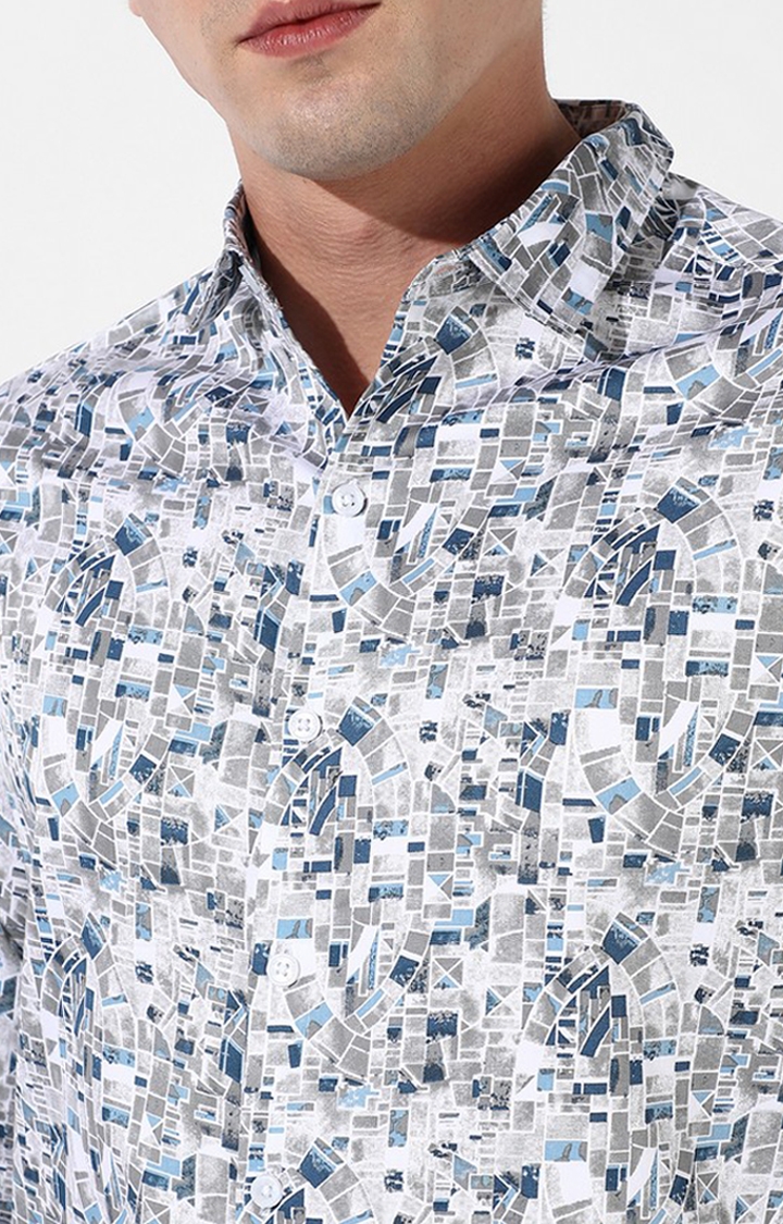 Men's Grey and Blue Cotton Printed Casual Shirt