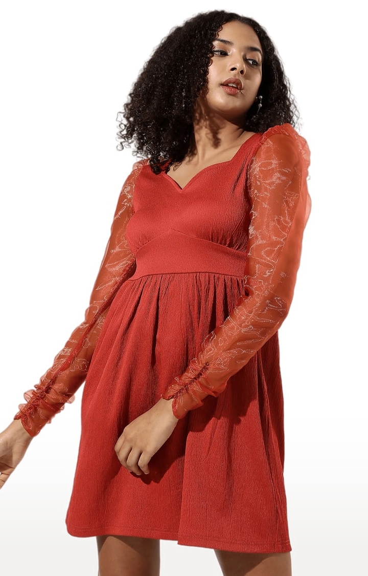 CAMPUS SUTRA | Women's Red Polyester Solid Fit & Flare Dress