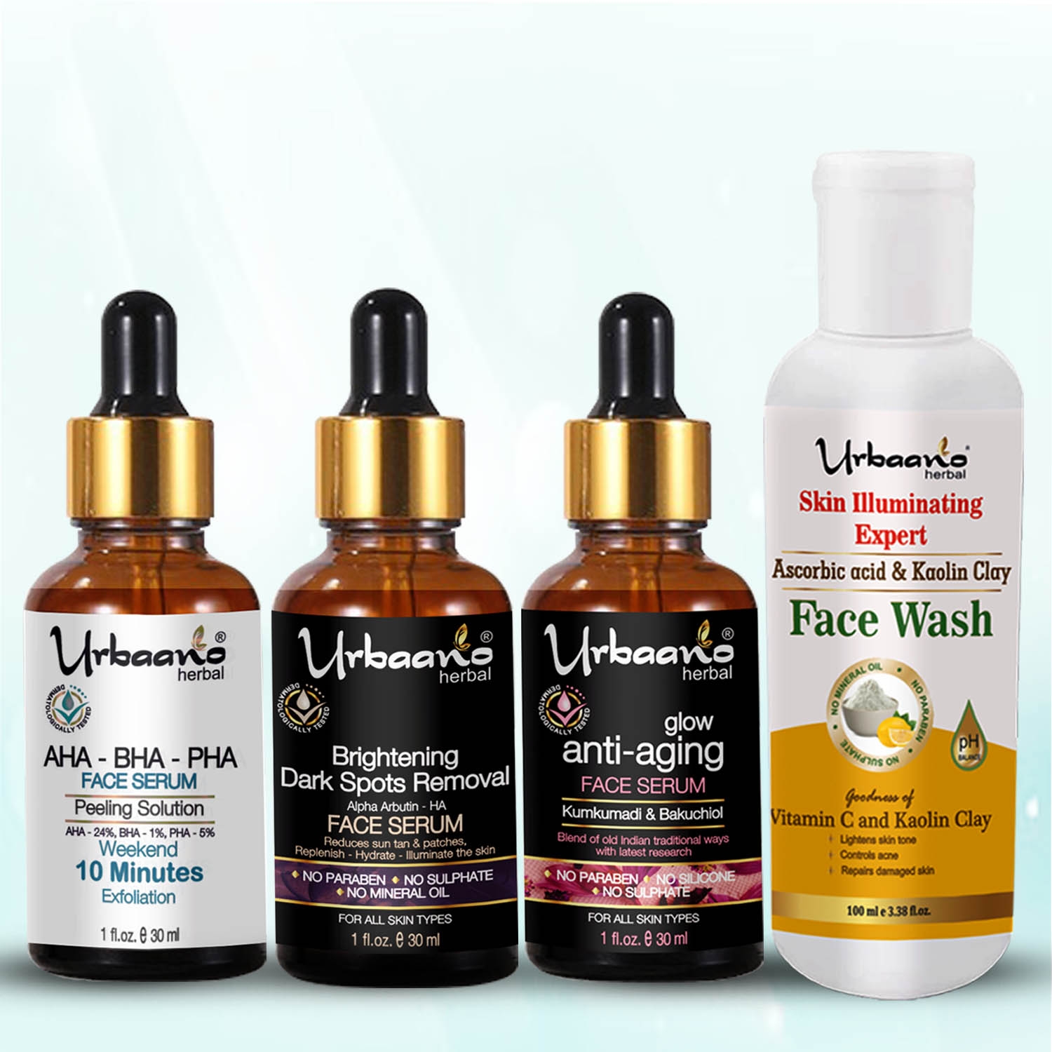 Urbaano Herbal | Urbaano Herbal Depigmentation Vitamin C Face Serum, AHA BHA Peeling Solution, Kumkumadi Tailam & Vitamin C Face Wash-190ml-Pocket Friendly Combo Pack of 4 0