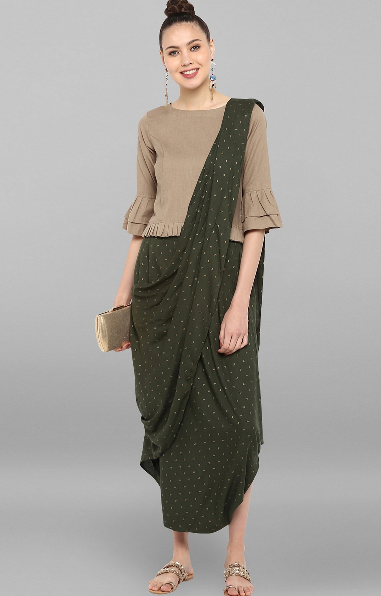 Janasya | Beige Solid Crop Top with Olive Dhoti and Attached Dupatta 1