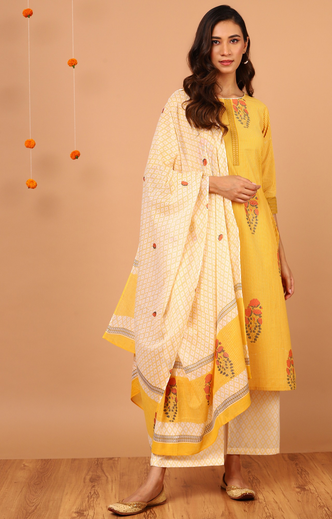 Yellow Striped Palazzo, Kurta & Dupatta