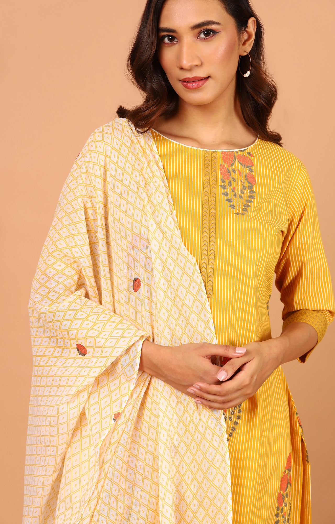Yellow Striped Palazzo, Kurta & Dupatta