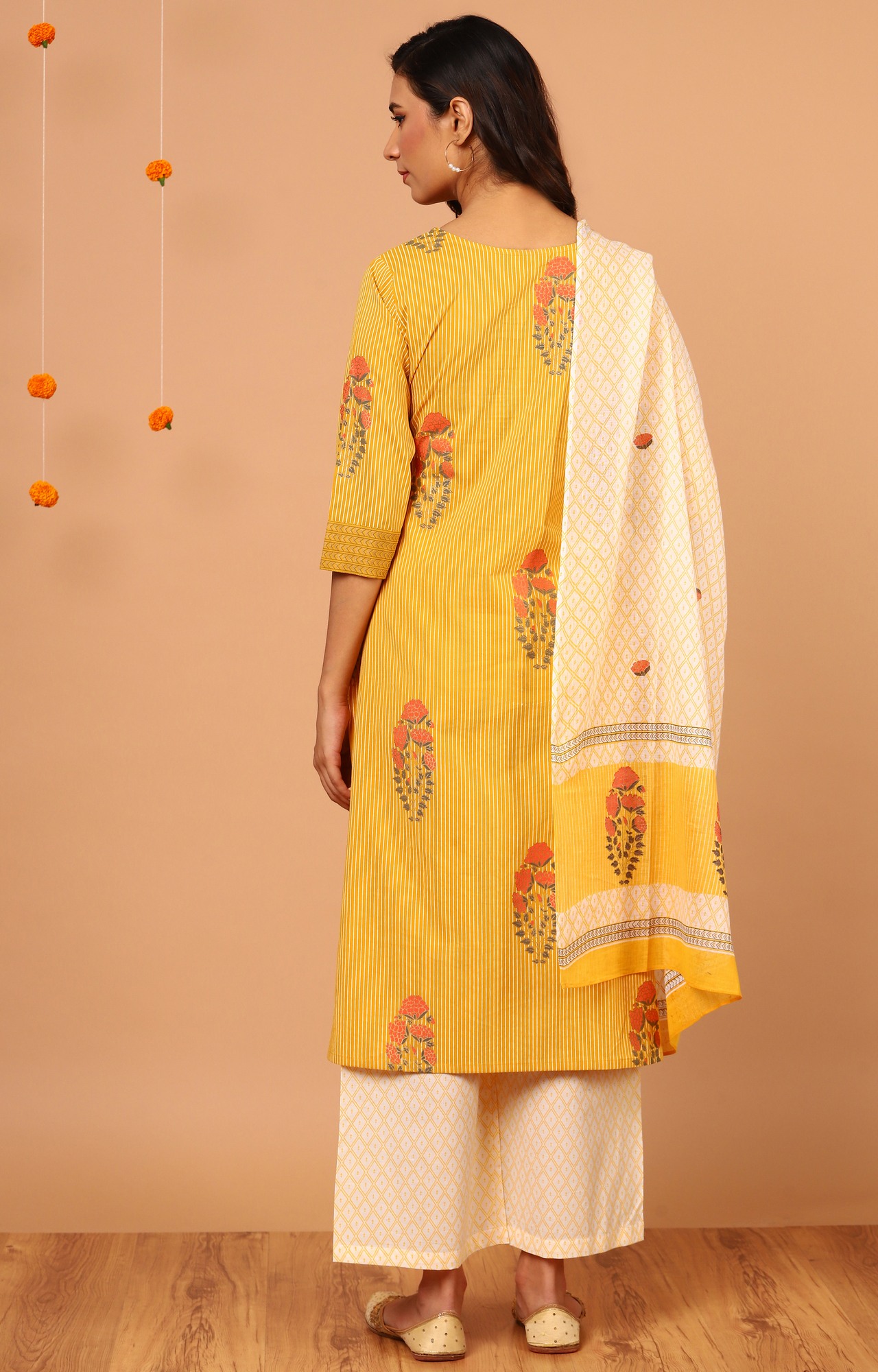 Yellow Striped Palazzo, Kurta & Dupatta