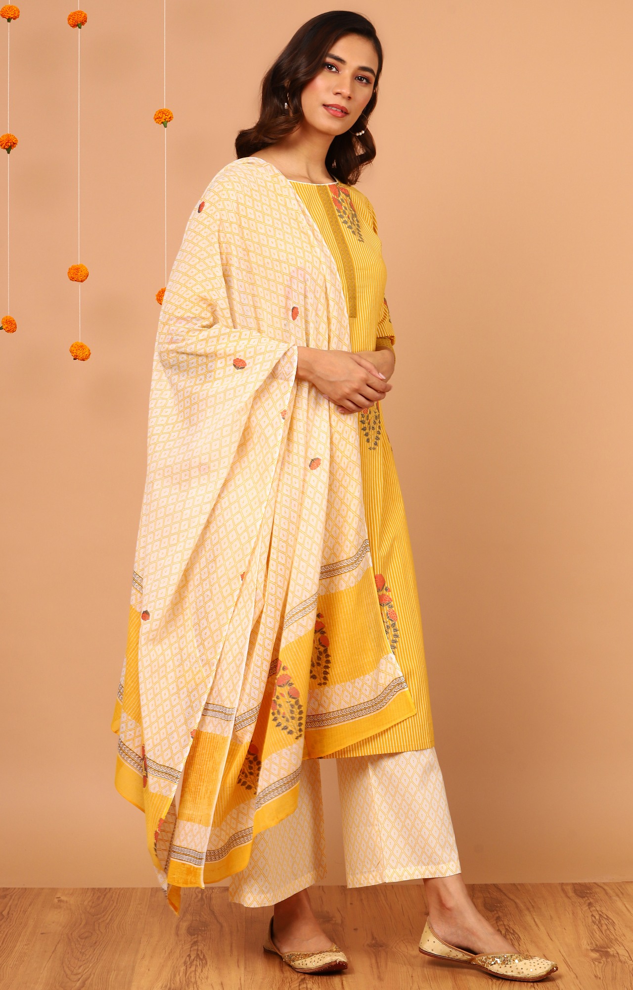 Yellow Striped Palazzo, Kurta & Dupatta