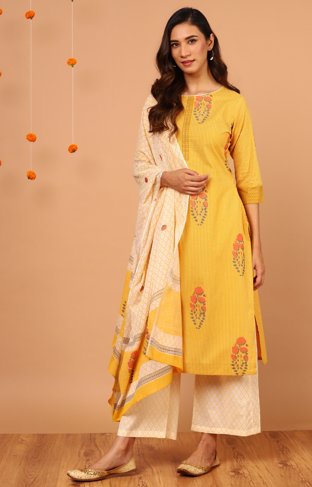 Yellow Striped Palazzo, Kurta & Dupatta