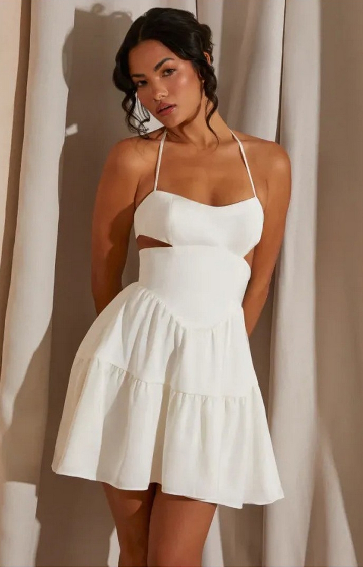 STARZON FASHION | White Color Albus Halter Neck Cut Out Mini Dress