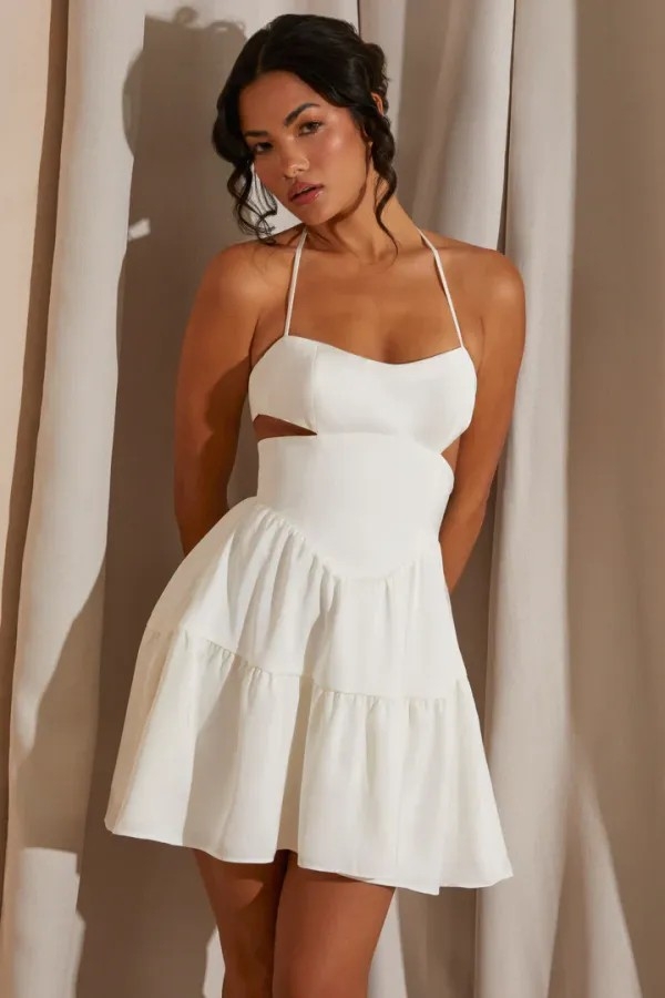 White Color Albus Halter Neck Cut Out Mini Dress