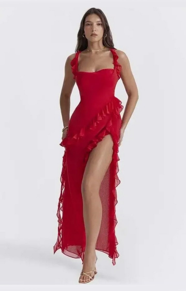 STARZON FASHION | Red Color Ariela Ruffle Maxi Dress