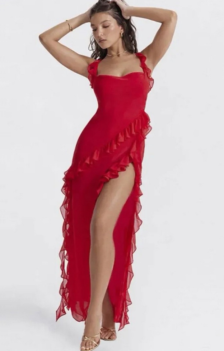 Red Color Ariela Ruffle Maxi Dress