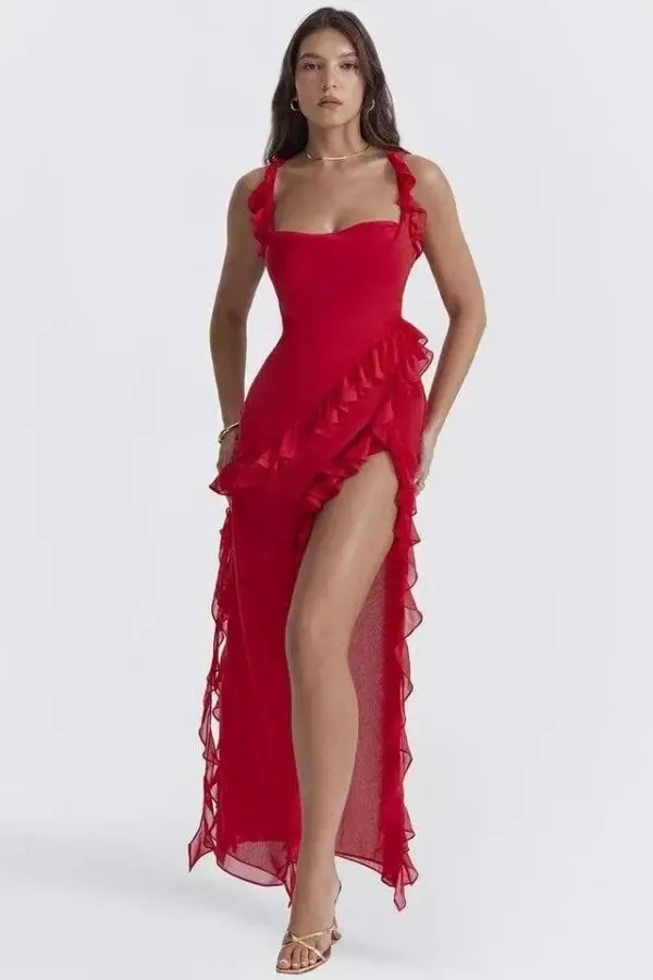Red Color Ariela Ruffle Maxi Dress