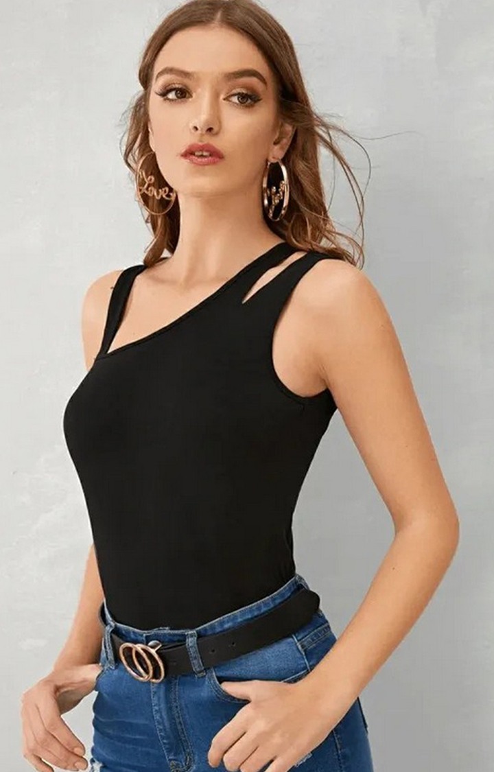 Black Color Asymmetrical Neck Cutout Detail Fitted Top