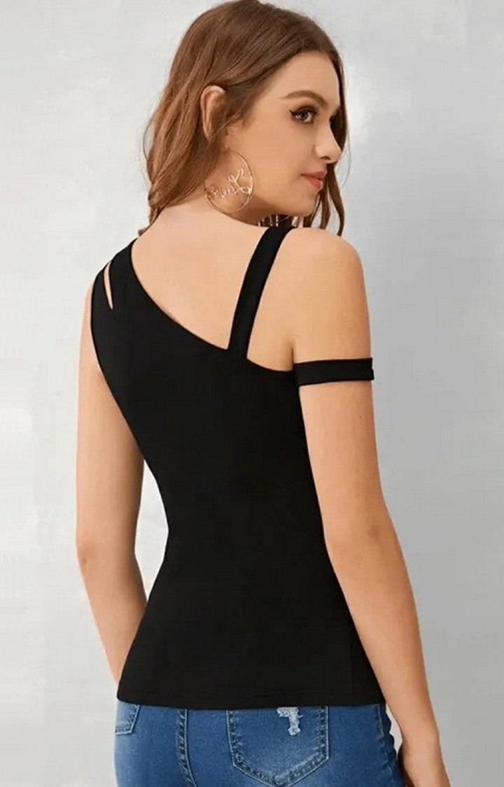 Black Color Asymmetrical Neck Cutout Detail Fitted Top