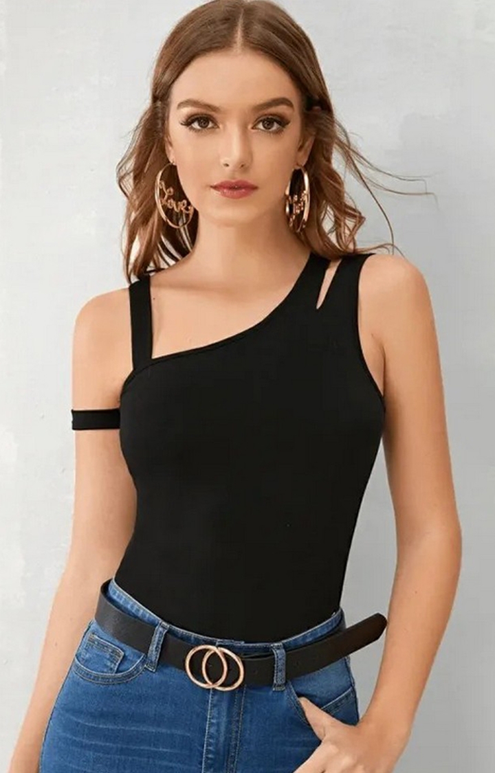 Black Color Asymmetrical Neck Cutout Detail Fitted Top