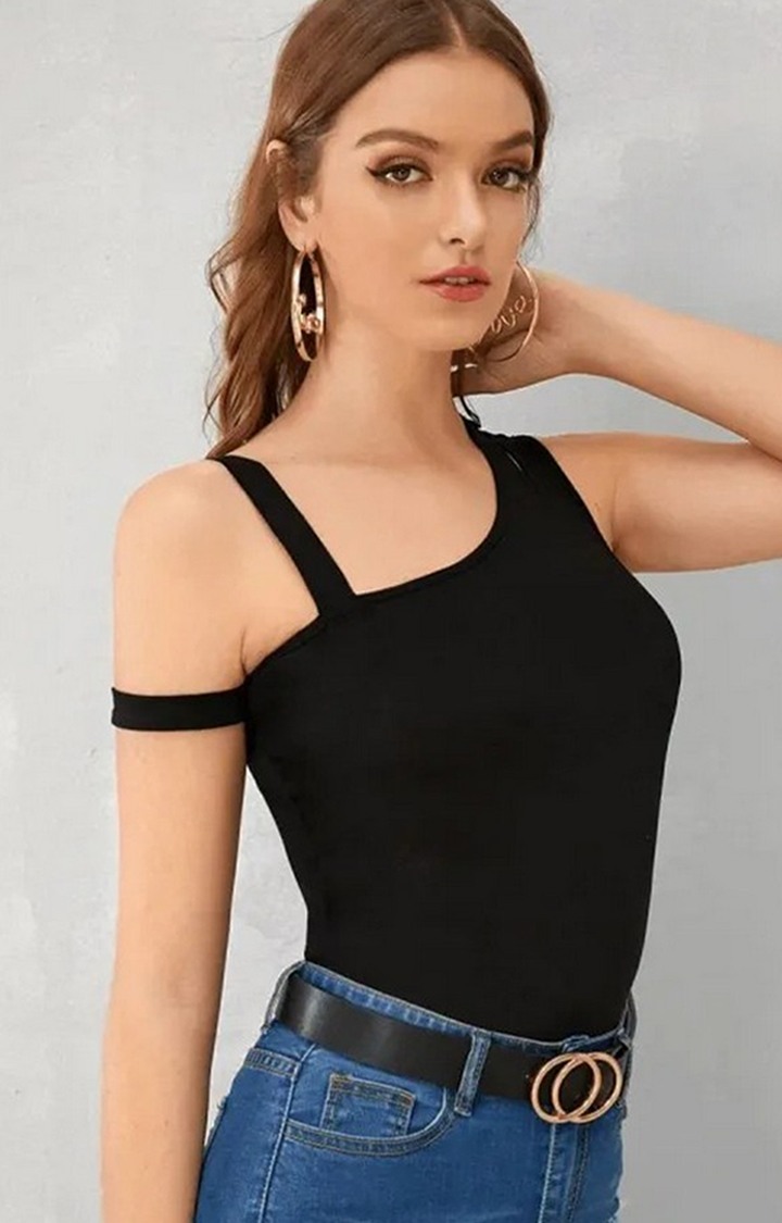 Black Color Asymmetrical Neck Cutout Detail Fitted Top