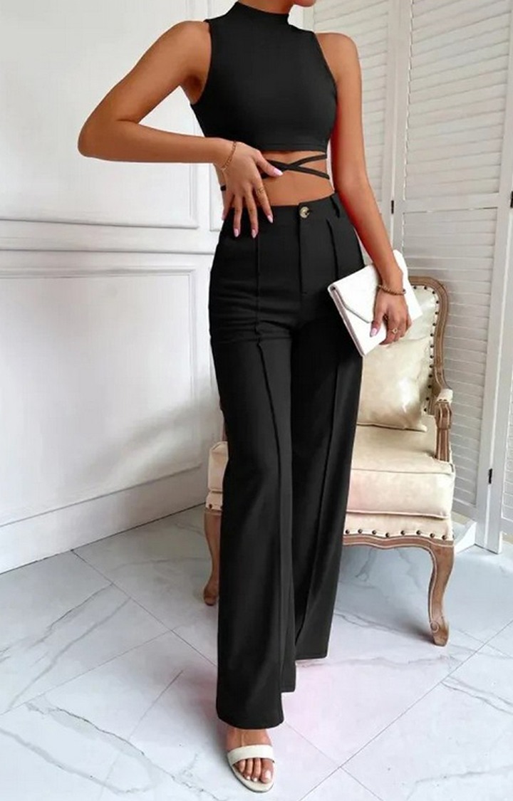 Black Color Criss Cross Mock Neck Top & Seam Front Pant