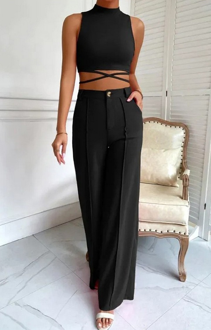 Black Color Criss Cross Mock Neck Top & Seam Front Pant