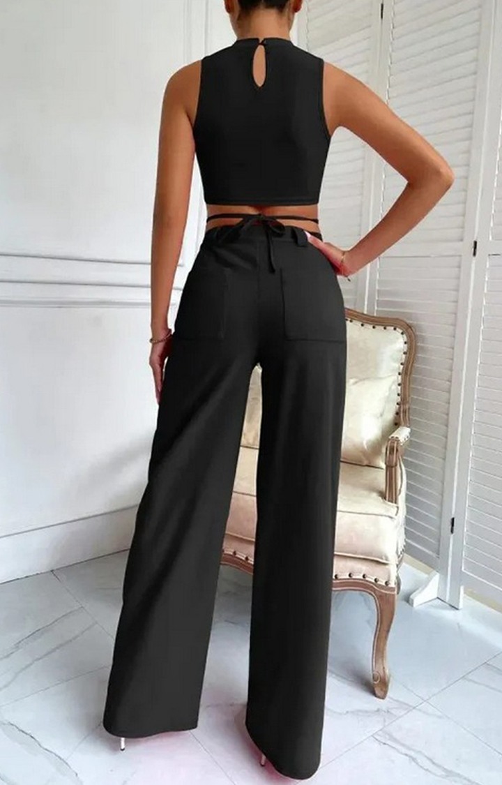 Black Color Criss Cross Mock Neck Top & Seam Front Pant