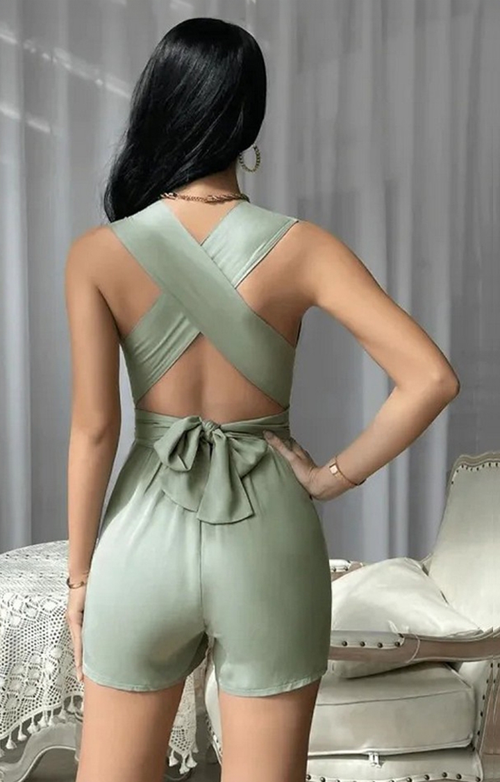 Plunging Neck Romper Green Color Crisscross Tie Backless
