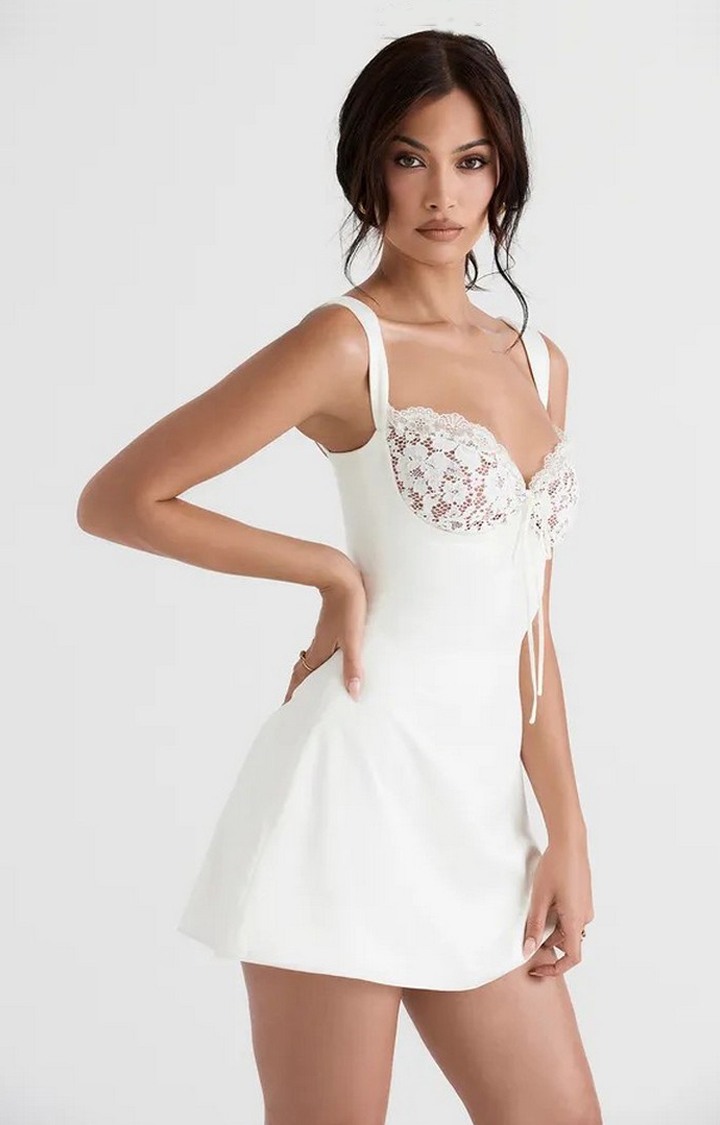 White Color Deep V Plunge Backless White Dress