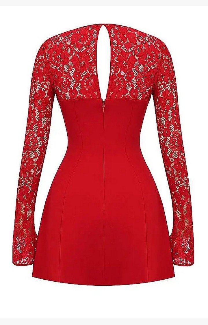 Red Color Red Rose Satin And Lace Mini Dress