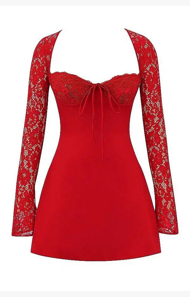 Red Color Red Rose Satin And Lace Mini Dress
