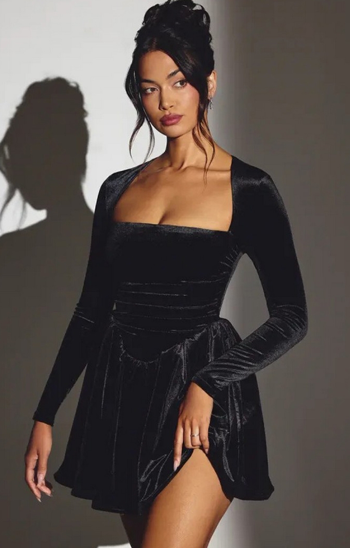 Star Velvet Long Sleeve Corset Mini Dress in Jet Black