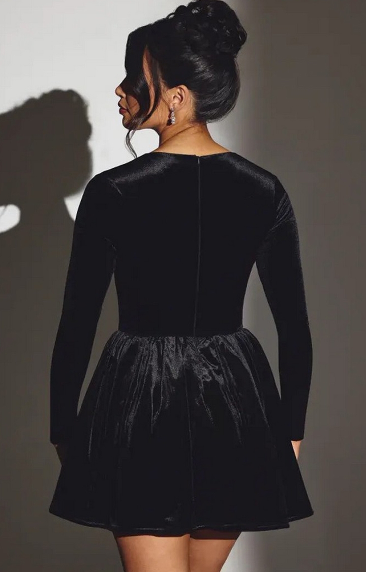 Star Velvet Long Sleeve Corset Mini Dress in Jet Black
