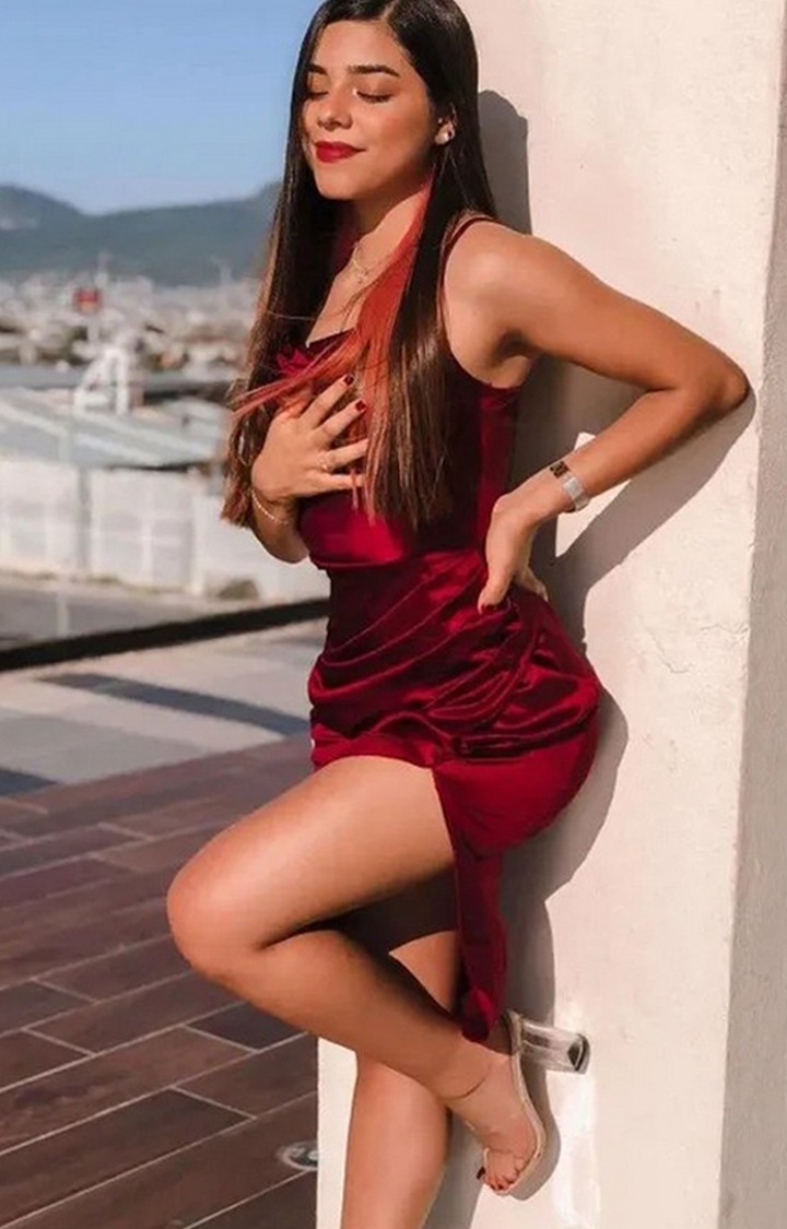 Red Color Scrunch Spaghetti Strap Dress