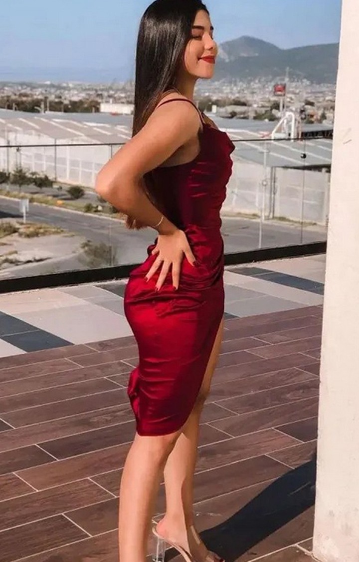 Red Color Scrunch Spaghetti Strap Dress