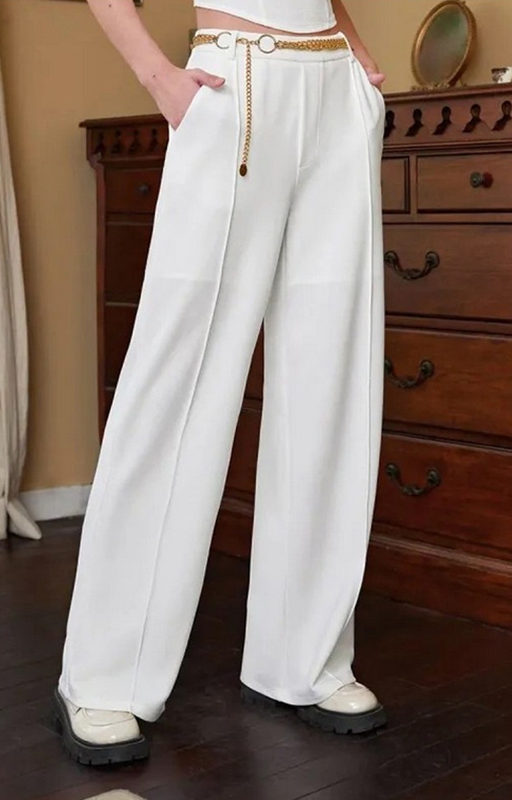 STARZON FASHION | White Color Solid Wide Leg Belted Pants