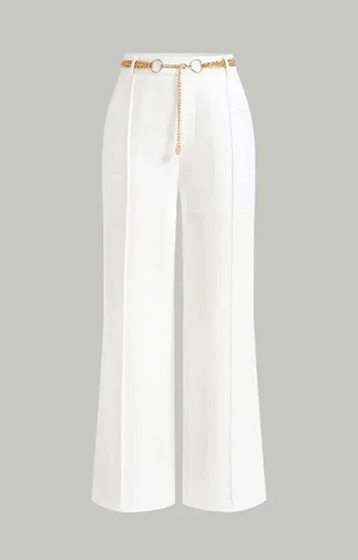 White Color Solid Wide Leg Belted Pants