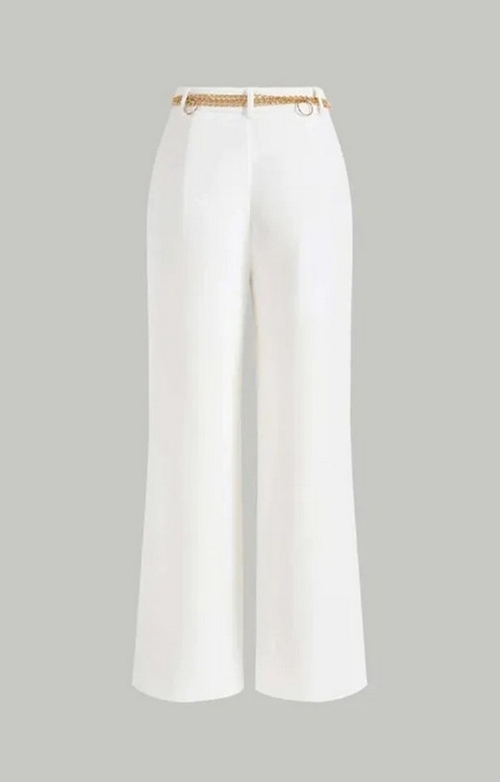 White Color Solid Wide Leg Belted Pants