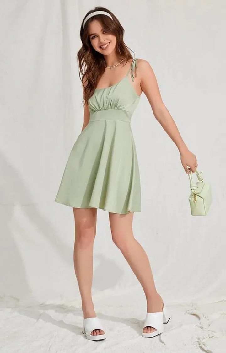 Tie Shoulder Ruched Bust High Waist Satin Cami Dress