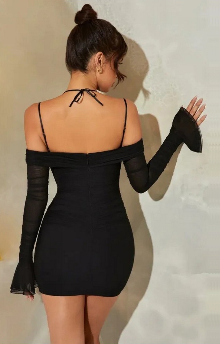 Black Color Tint Long Sleeve Ruched Mini Dress