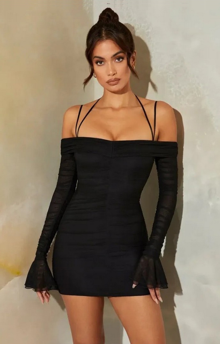 STARZON FASHION | Black Color Tint Long Sleeve Ruched Mini Dress
