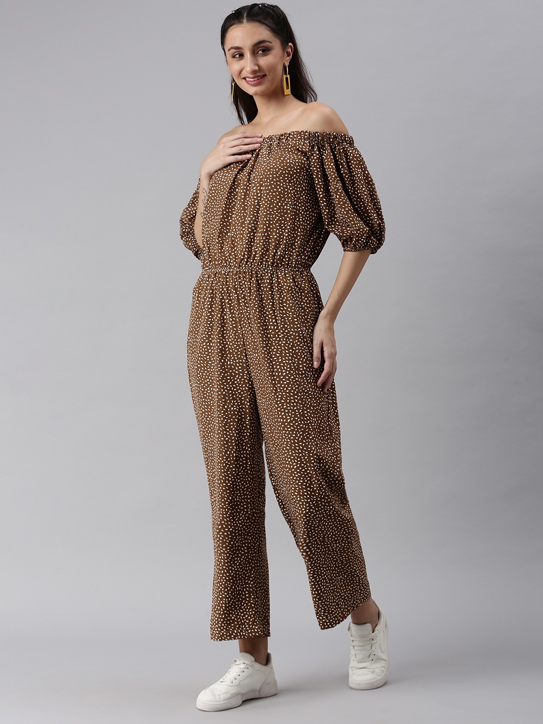 SHOWOFF Women Brown Printed Off-Shoulder Short Sleeves Basic Jumpsuit