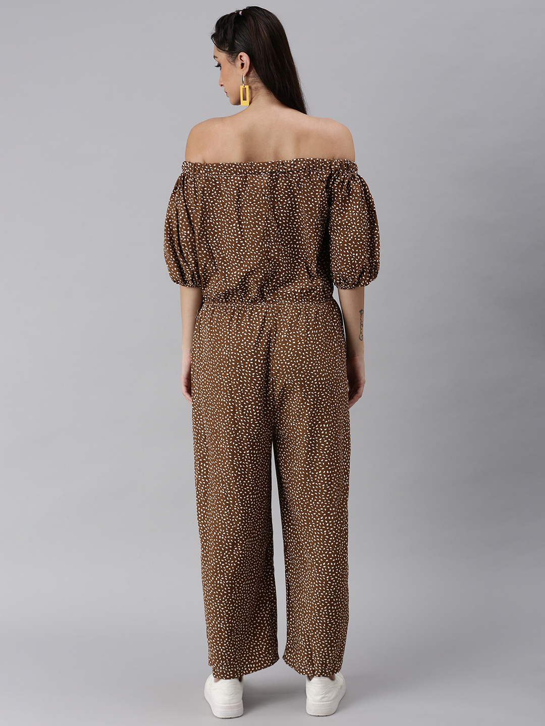 SHOWOFF Women Brown Printed Off-Shoulder Short Sleeves Basic Jumpsuit