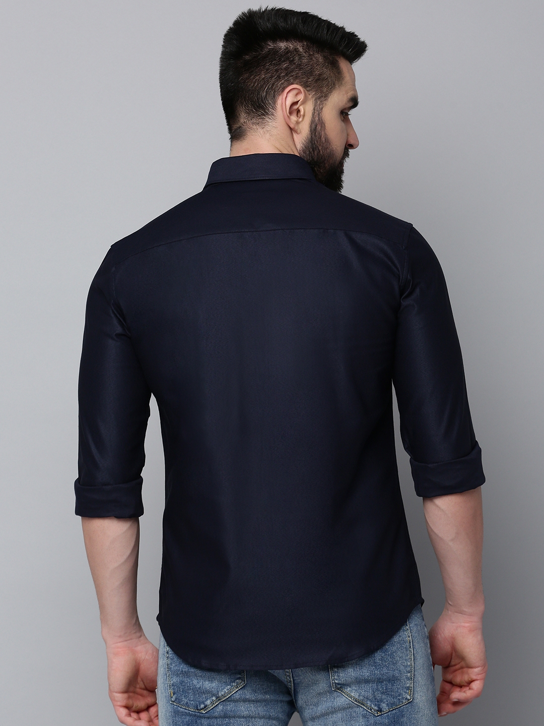 Showoff | SHOWOFF Men's Spread Collar Long Sleeves Solid Navy Blue Shirt 3