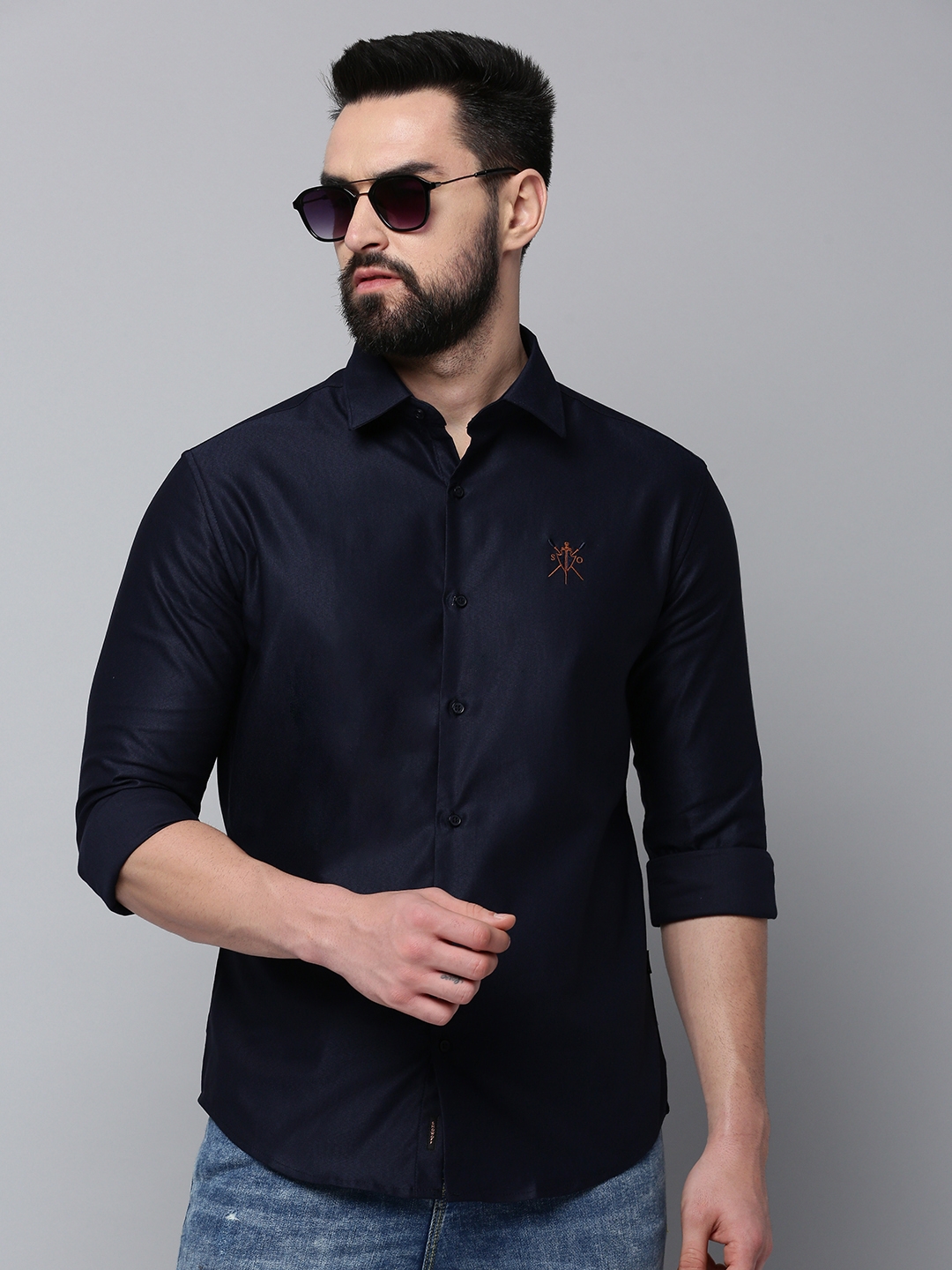 Showoff | SHOWOFF Men's Spread Collar Long Sleeves Solid Navy Blue Shirt 0