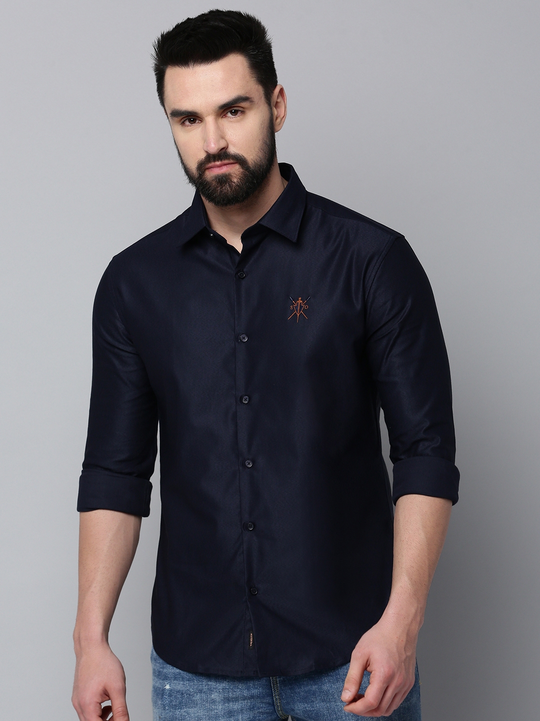 Showoff | SHOWOFF Men's Spread Collar Long Sleeves Solid Navy Blue Shirt 1