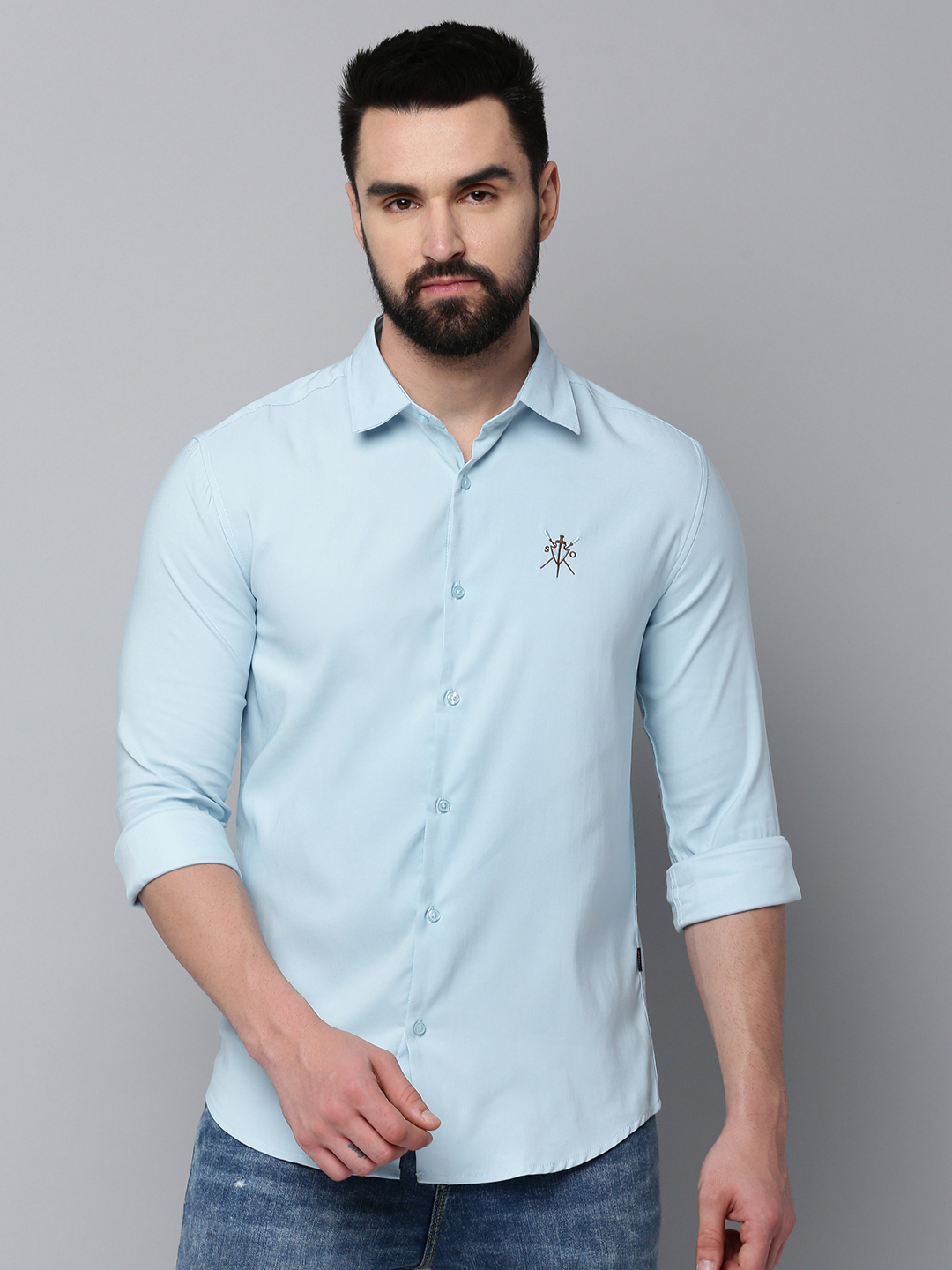 SHOWOFF Men's Spread Collar Long Sleeves Solid Blue Shirt