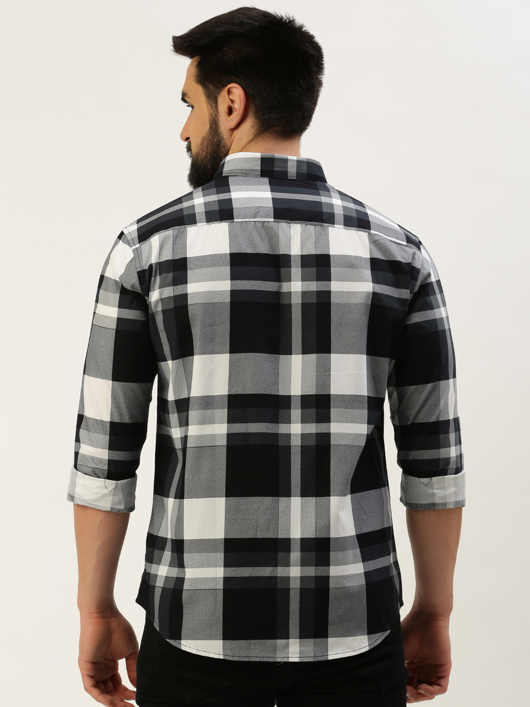 SHOWOFF Men's Spread Collar Checked Black Regular Fit Shirt