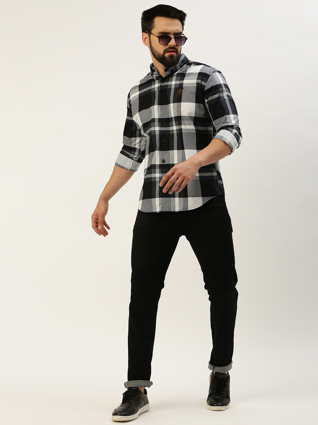 SHOWOFF Men's Spread Collar Checked Black Regular Fit Shirt
