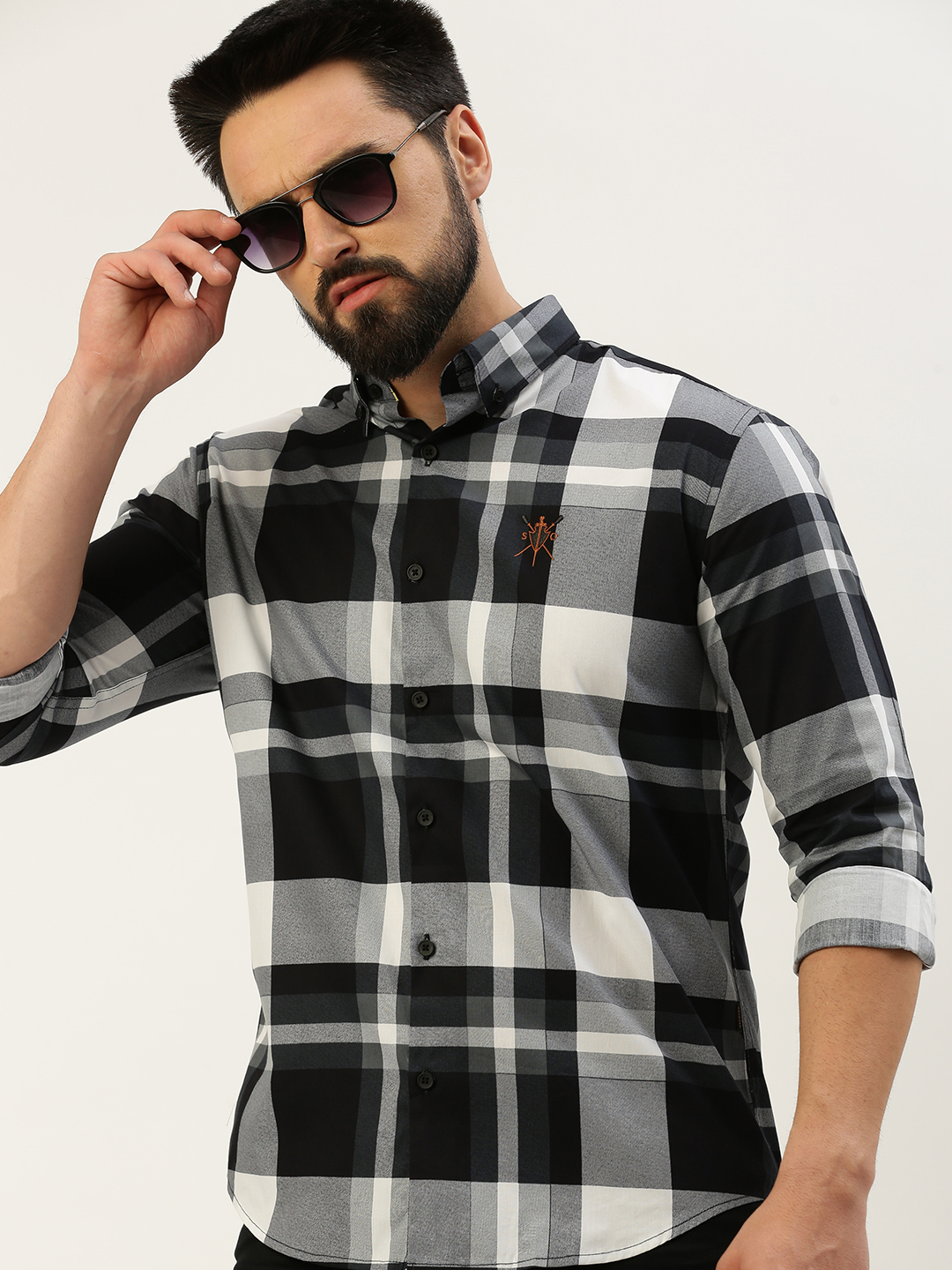 SHOWOFF Men's Spread Collar Checked Black Regular Fit Shirt