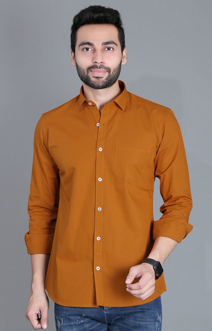 Men's Orange Cotton Solid Casual Shirt