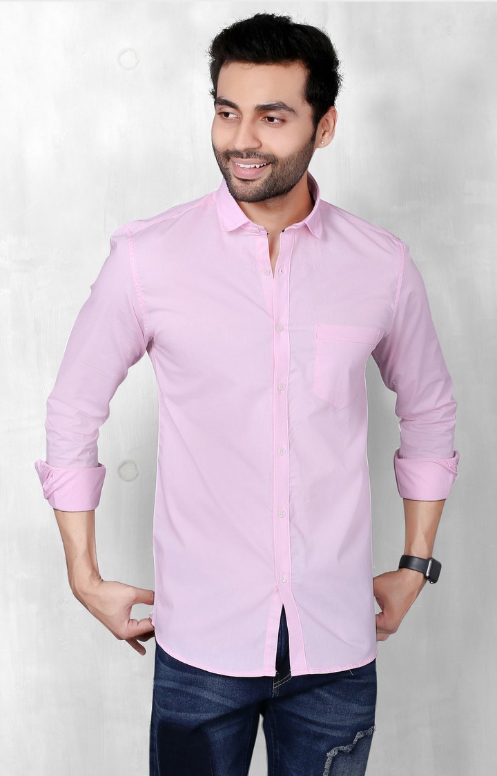 Men's Pink Cotton Solid Casual Shirt
