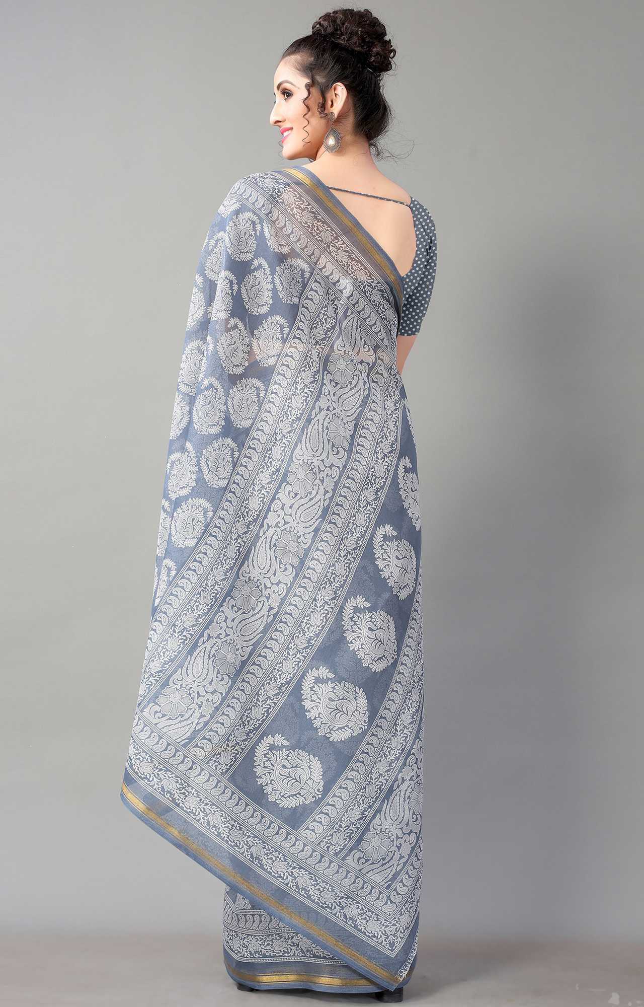 Women Grey Batick Block Print Casual Wear Saree-HAL21CTN00036GREY