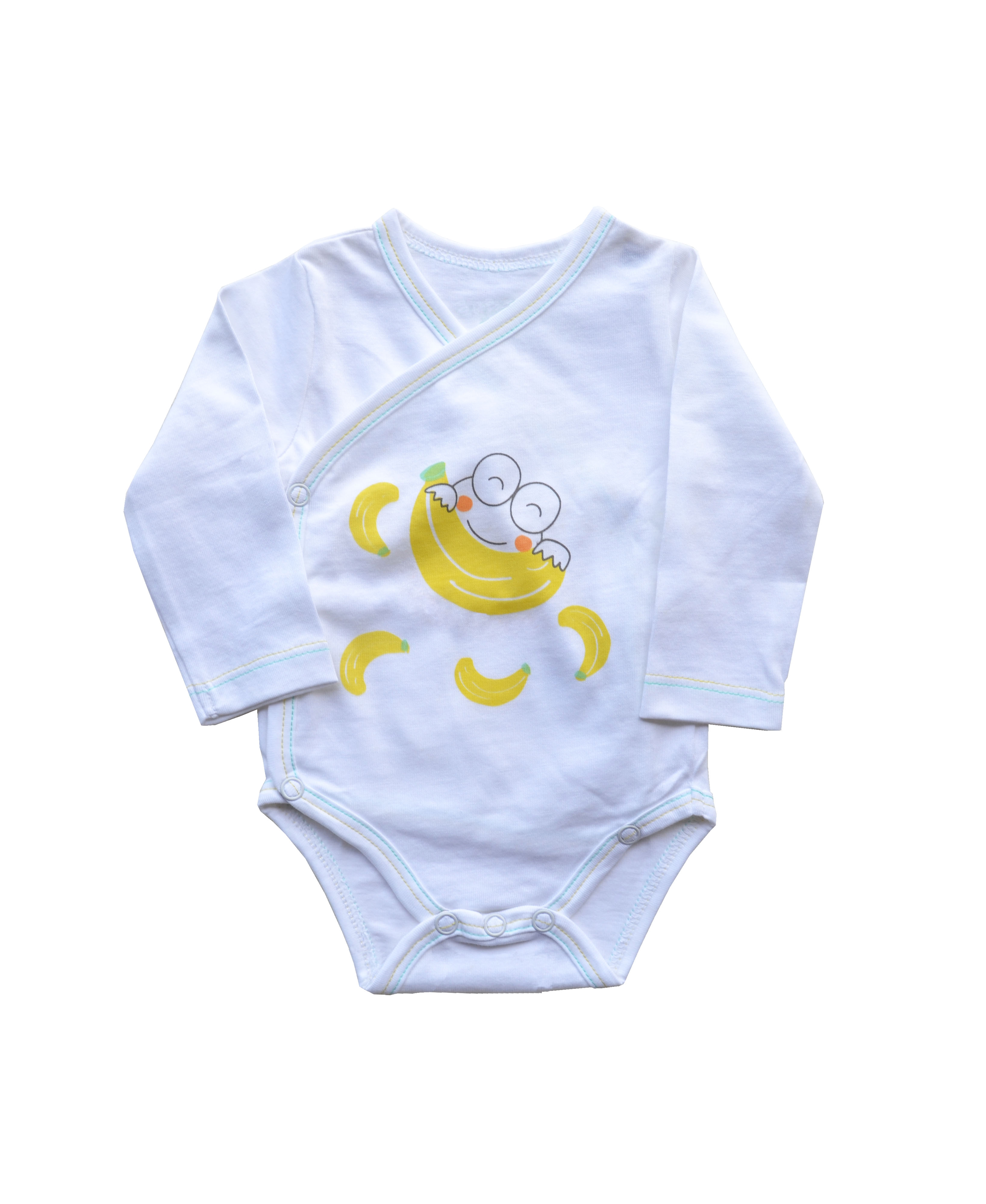 White Long Sleeve Rompers/Onesie with Banana Print on Chest  (100% Cotton Single Jersey)